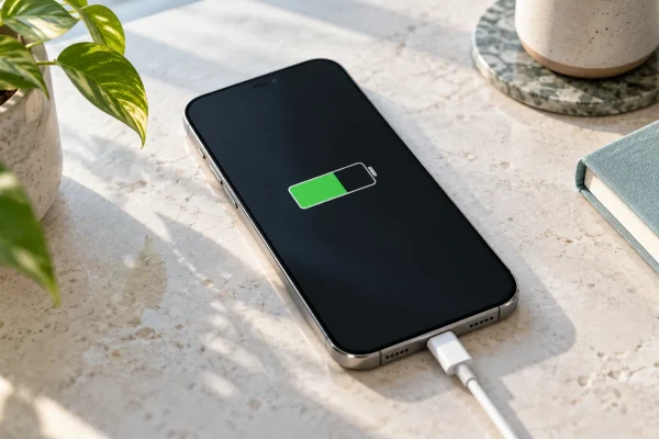 Smartphone branché à un câble de recharge sur un bureau, avec une icône de batterie partiellement remplie.