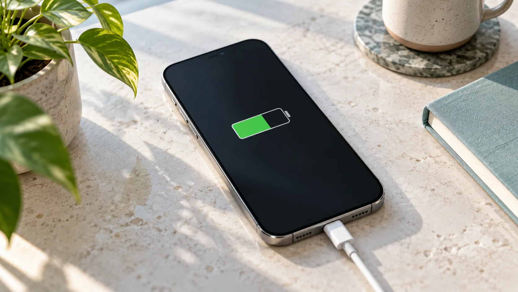 Smartphone branché à un câble de recharge sur un bureau, avec une icône de batterie partiellement remplie.