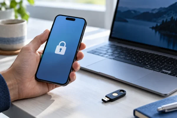 Téléphone affichant un cadenas à côté d’un ordinateur et d’une clé de sécurité.