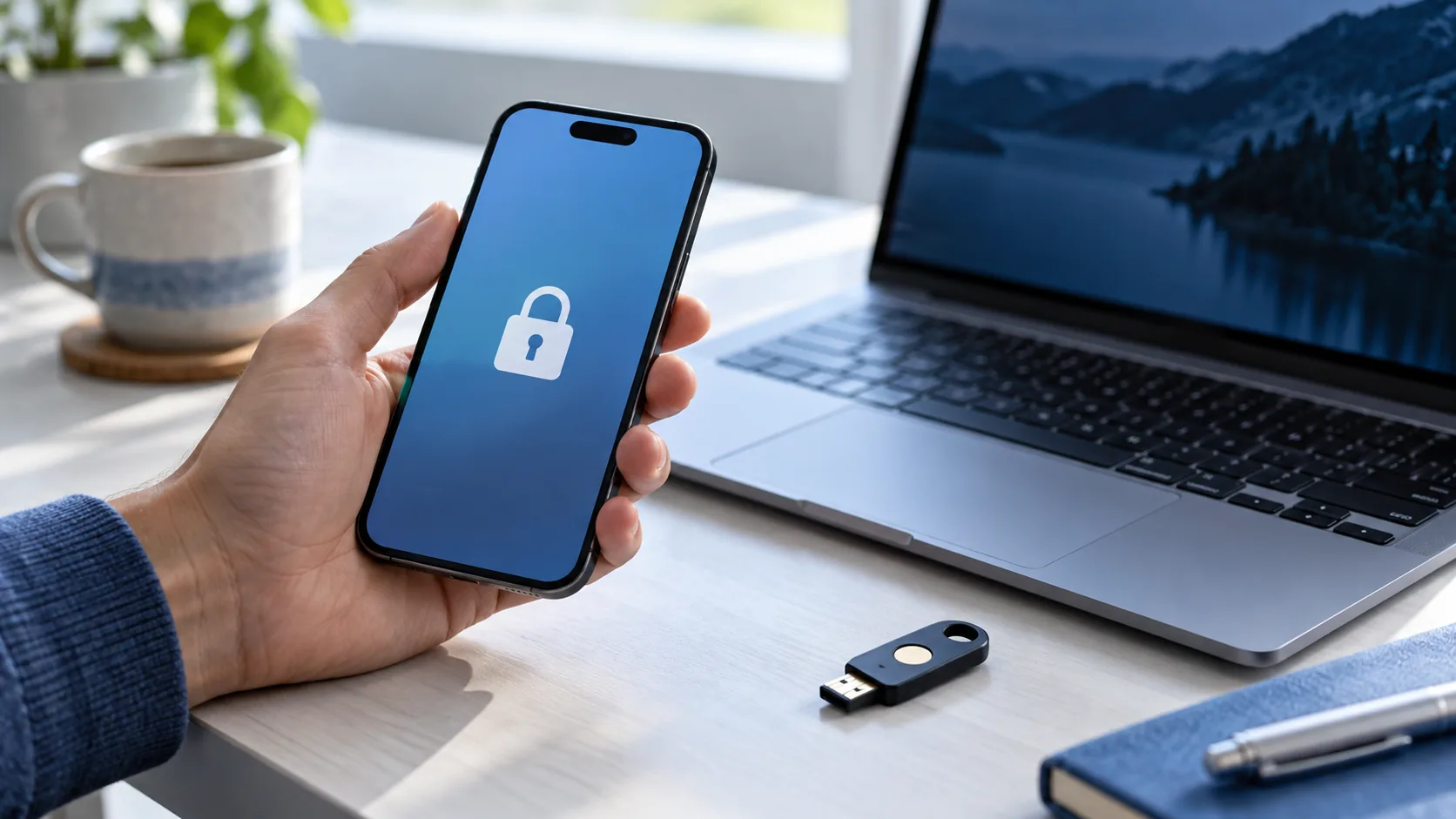 Téléphone affichant un cadenas à côté d’un ordinateur et d’une clé de sécurité.