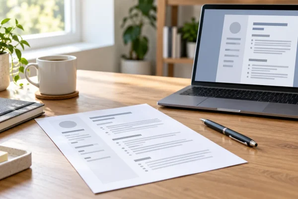 CV imprimé et ordinateur portable sur un bureau, avec une mise en page représentée par des lignes abstraites.