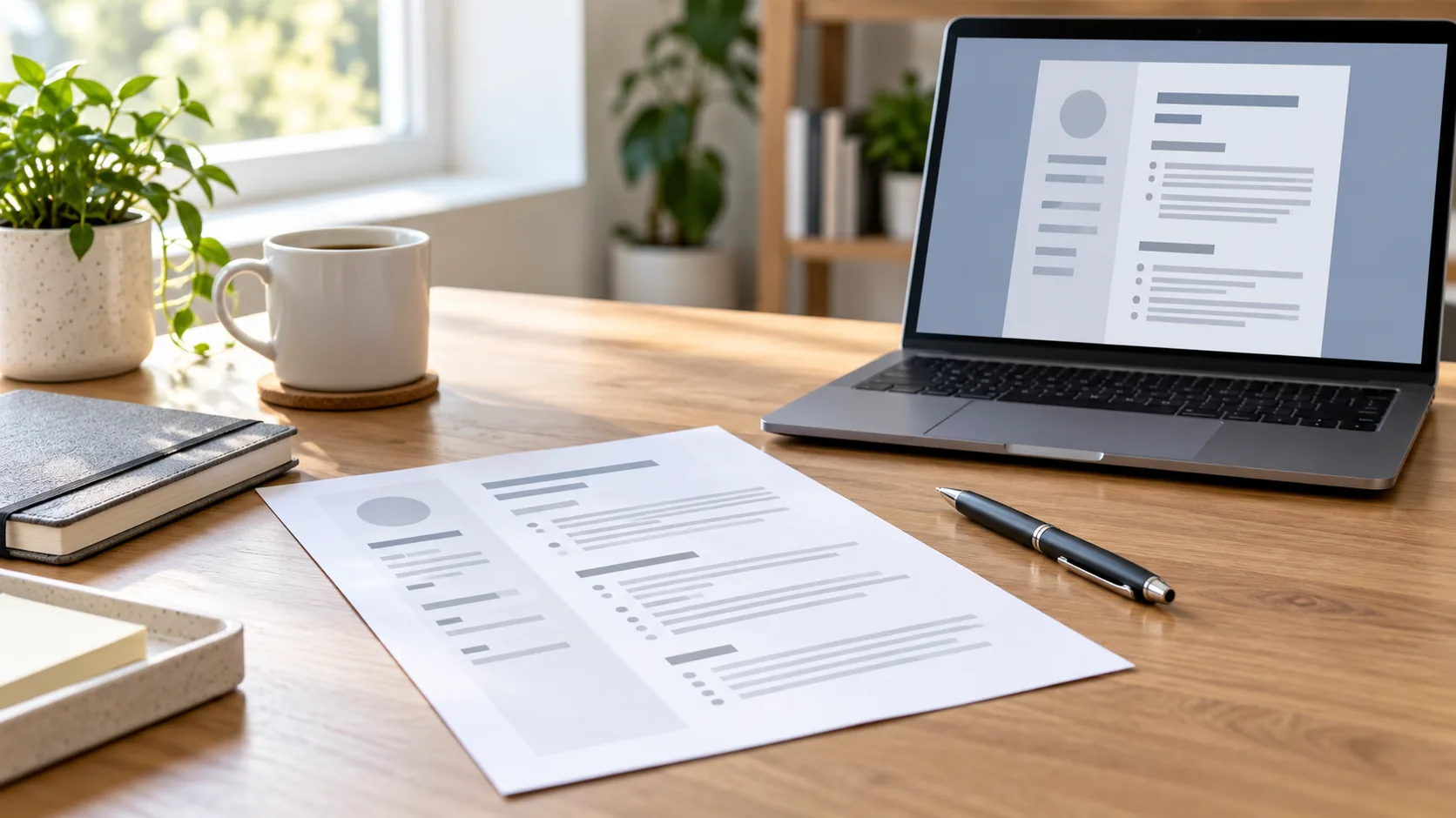 CV imprimé et ordinateur portable sur un bureau, avec une mise en page représentée par des lignes abstraites.