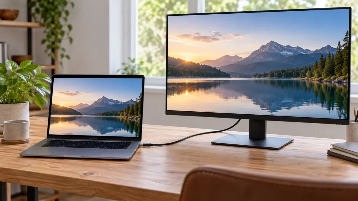 Ordinateur portable relié par un câble USB-C à un moniteur affichant un paysage.