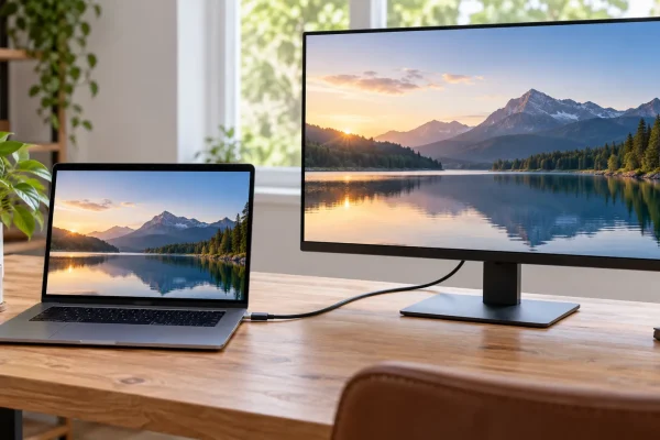 Ordinateur portable relié par un câble USB-C à un moniteur affichant un paysage.