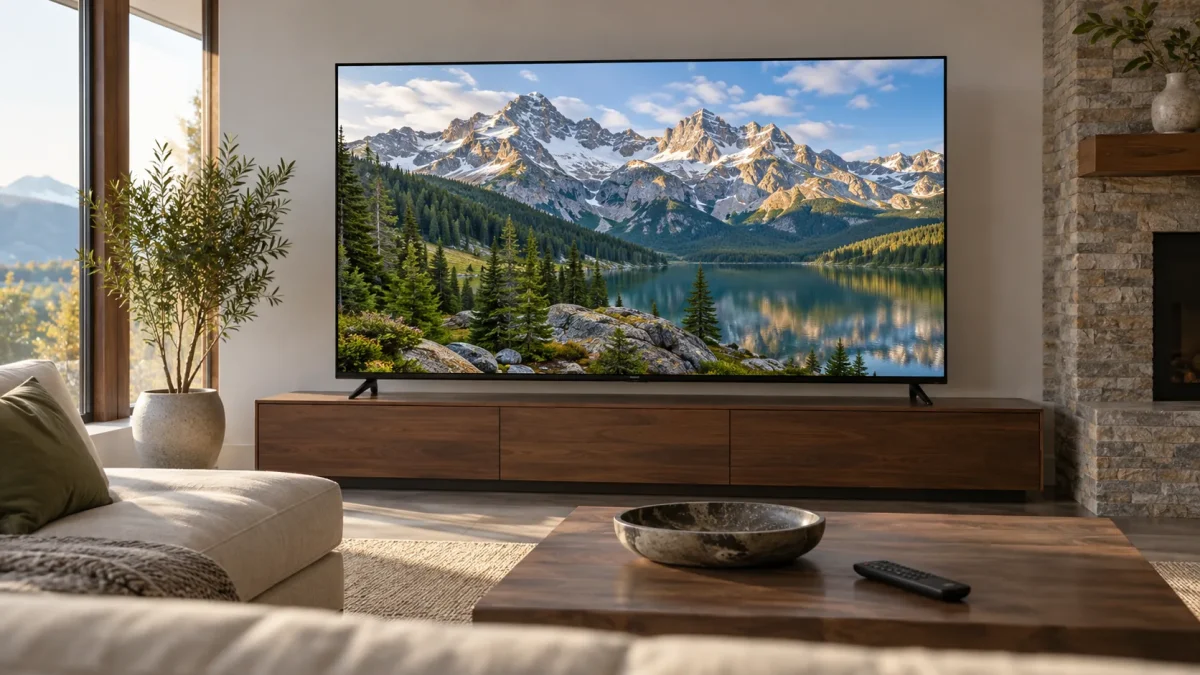 Téléviseur affichant un paysage de montagne dans un salon lumineux.
