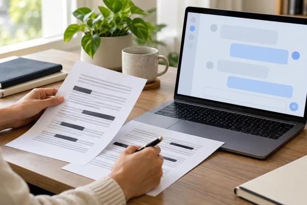 Ordinateur et documents de travail sur un bureau, évoquant la préparation des données avant leur utilisation avec une IA.