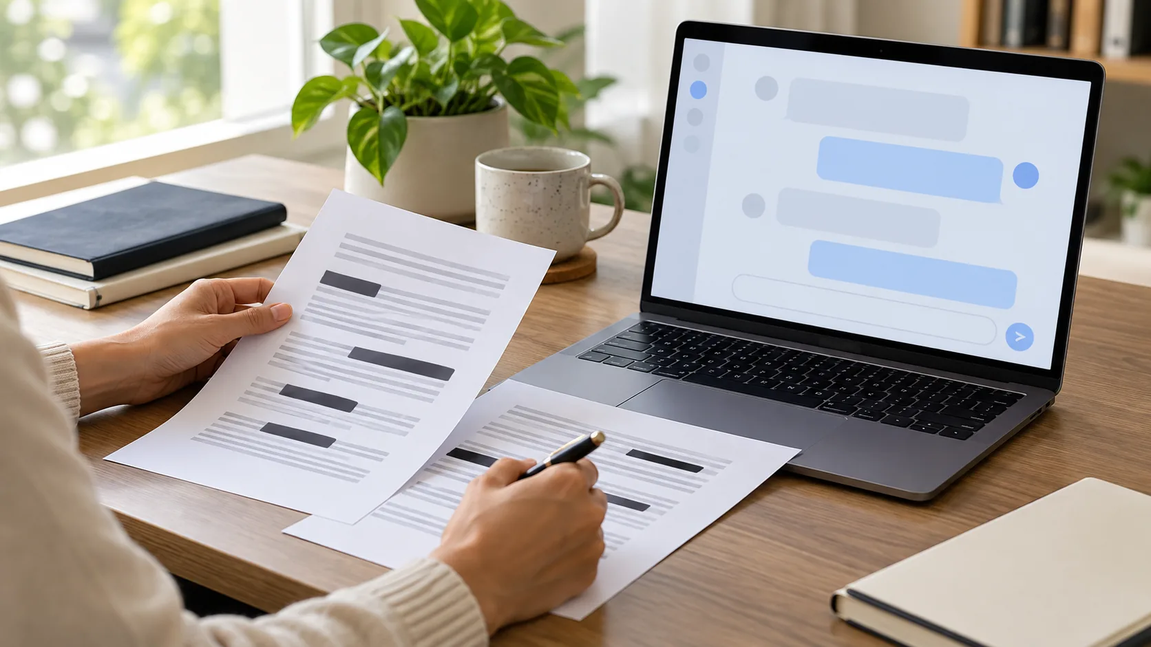 Ordinateur et documents de travail sur un bureau, évoquant la préparation des données avant leur utilisation avec une IA.
