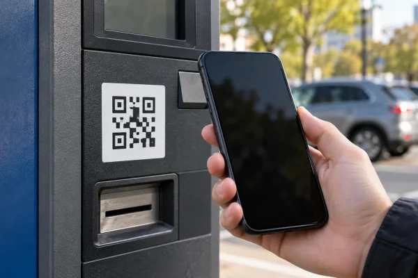 Téléphone utilisé près d’un panneau de parking, évoquant la vérification d’un QR code avant paiement.