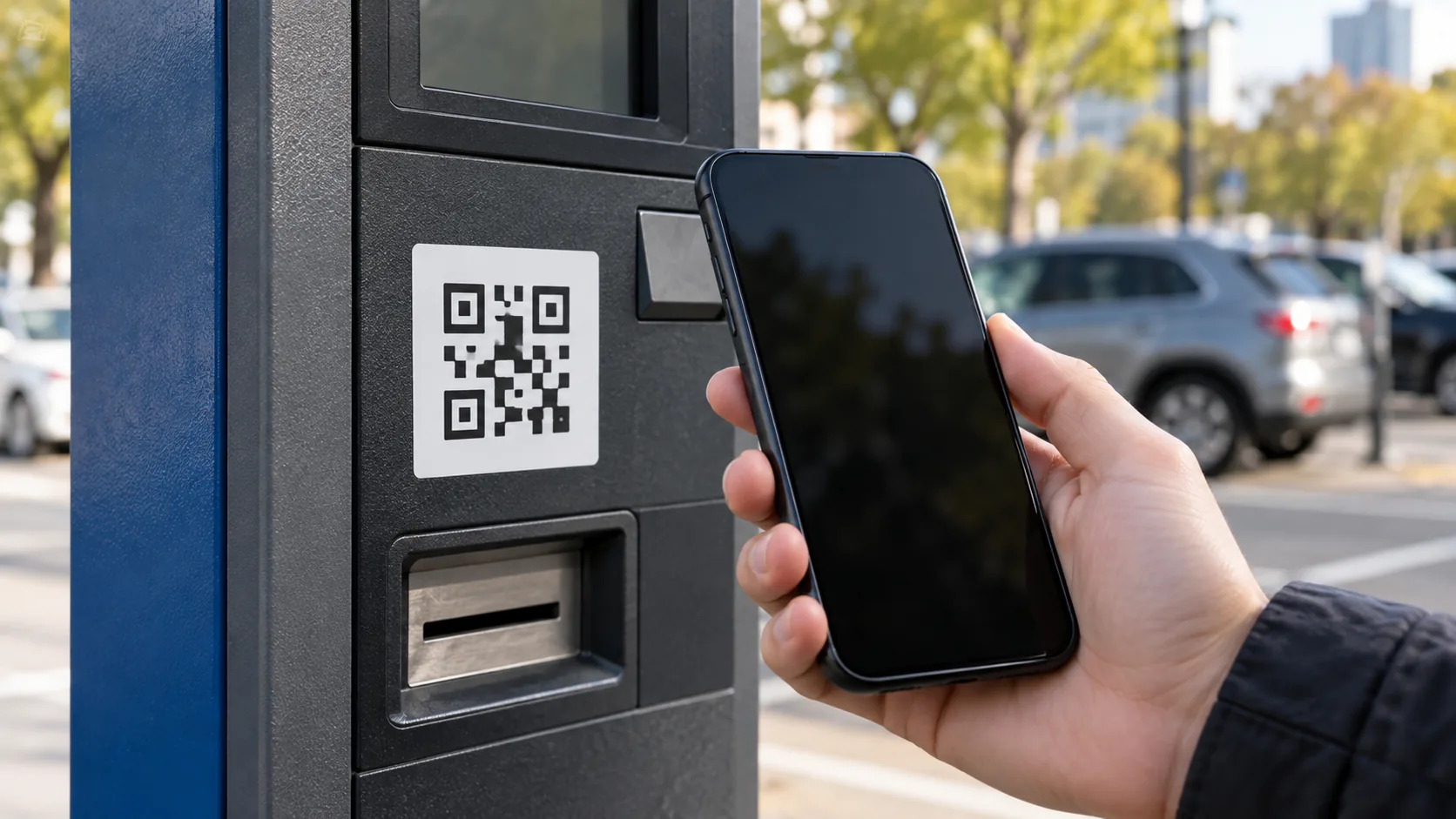 Téléphone utilisé près d’un panneau de parking, évoquant la vérification d’un QR code avant paiement.