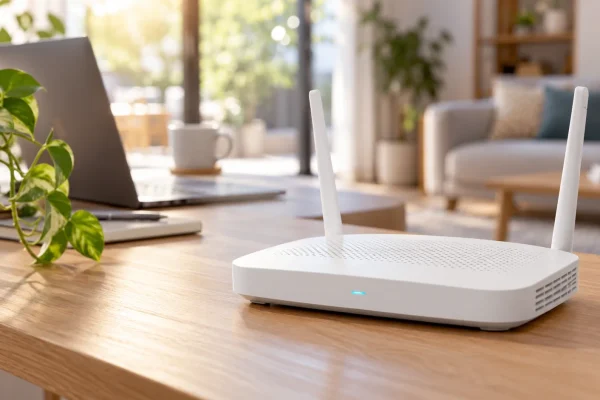 Routeur Wi-Fi posé sur un meuble dans un intérieur lumineux.