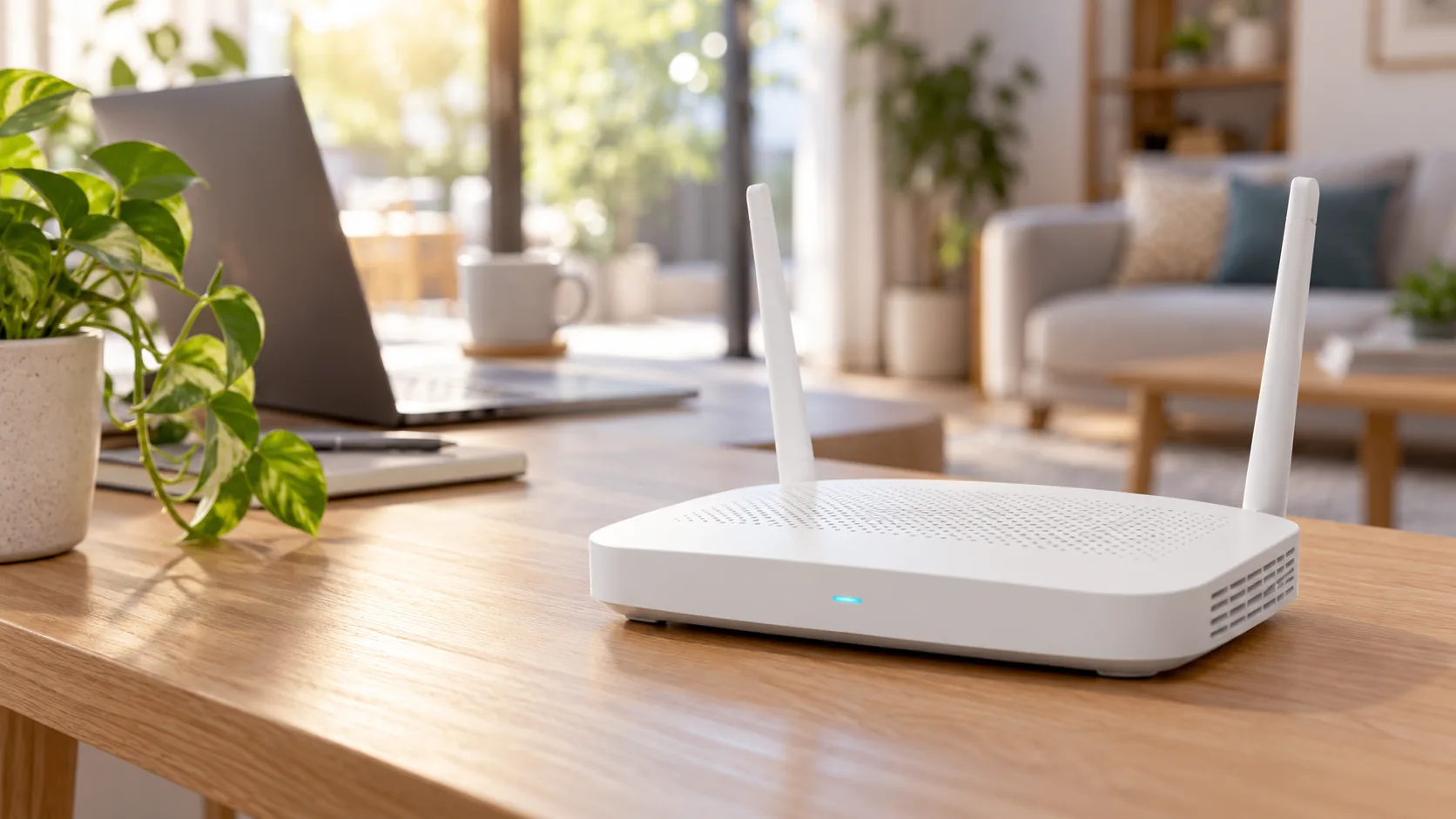 Routeur Wi-Fi posé sur un meuble dans un intérieur lumineux.