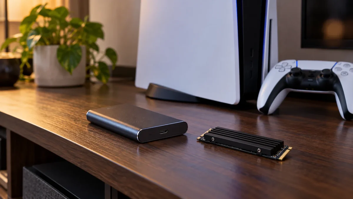 Console de jeu avec un disque externe et un SSD M.2 équipé d’un dissipateur.