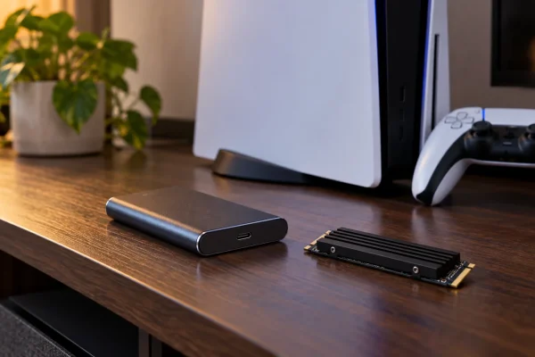 Console de jeu avec un disque externe et un SSD M.2 équipé d’un dissipateur.