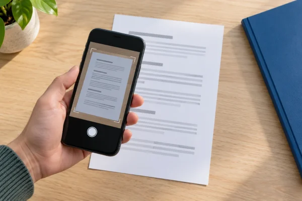 Téléphone cadrant un document papier pour le numériser.