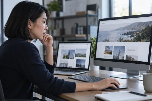 Illustration : Gestion d’un site web sur deux écrans dans un bureau