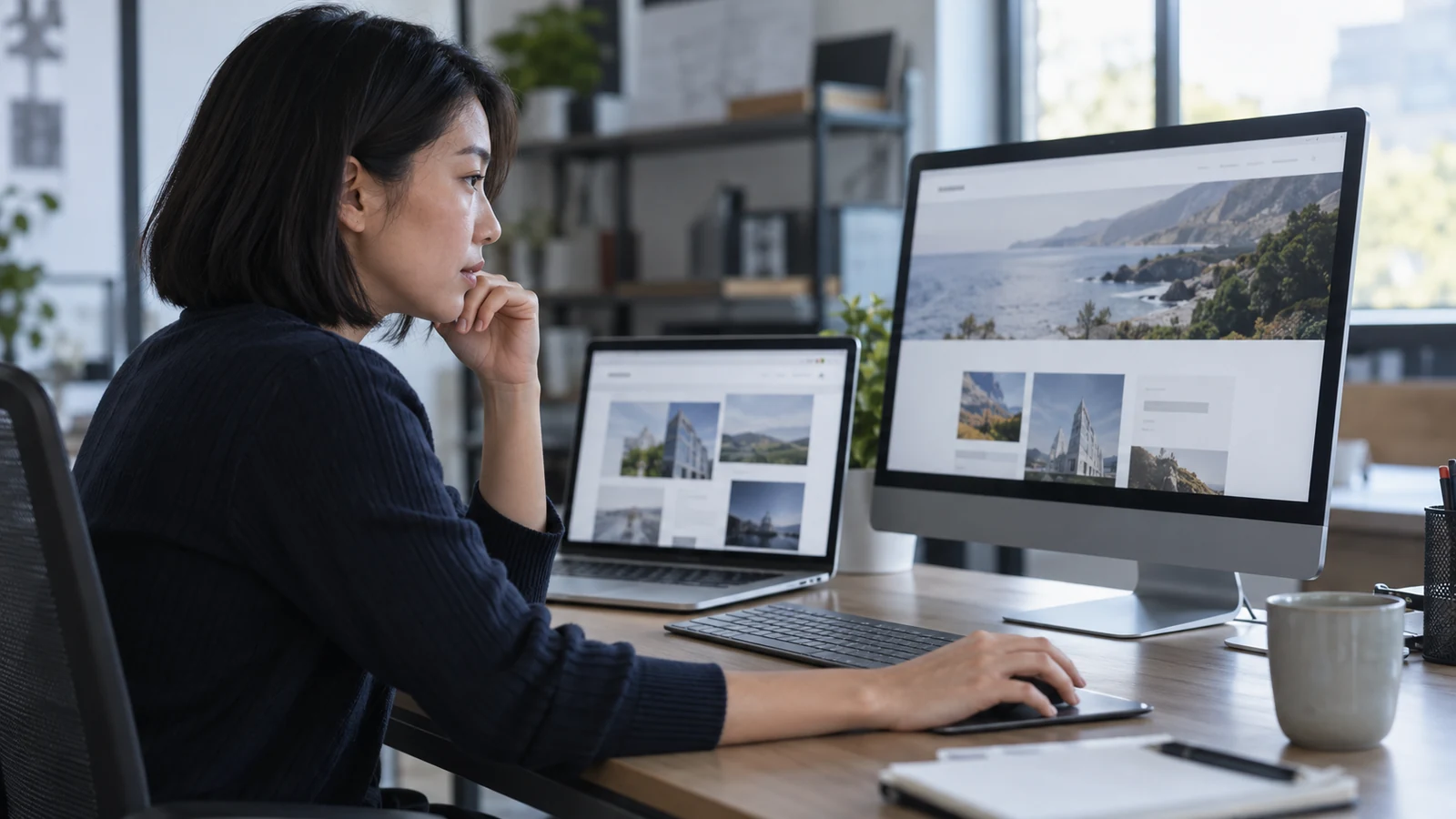 Illustration : Gestion d’un site web sur deux écrans dans un bureau