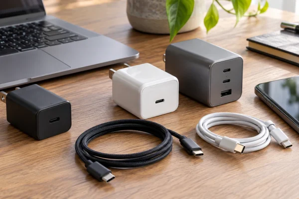 Illustration : Chargeur et connecteurs USB-C sur une table
