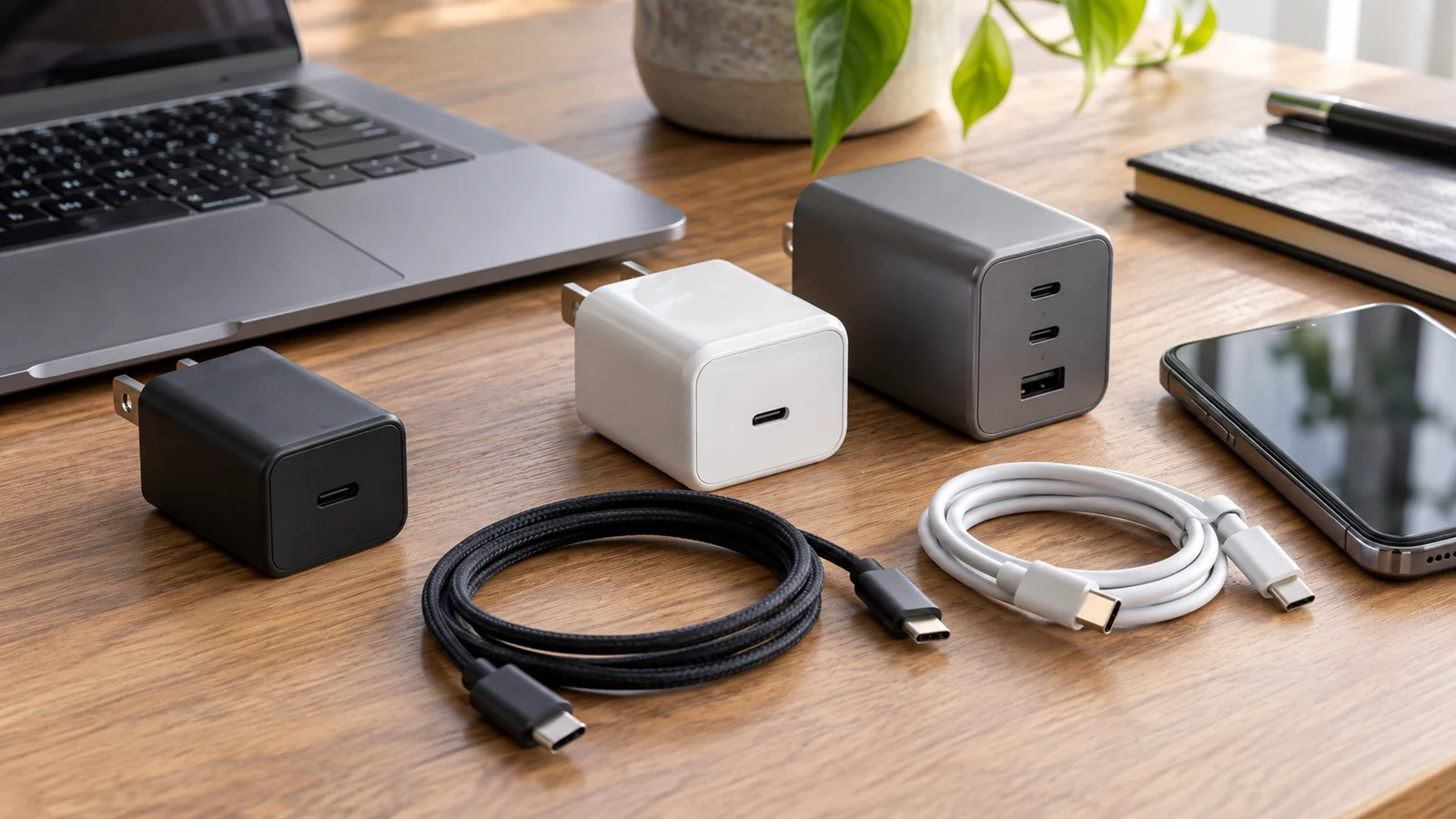 Illustration : Chargeur et connecteurs USB-C sur une table