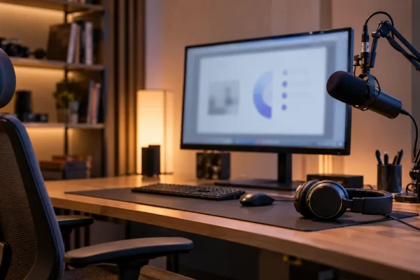 Poste de préparation d’une vidéo de formation avec microphone, casque et écran.