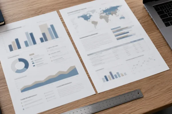Comparaison de documents imprimés alignés sur une table à côté d’un ordinateur.