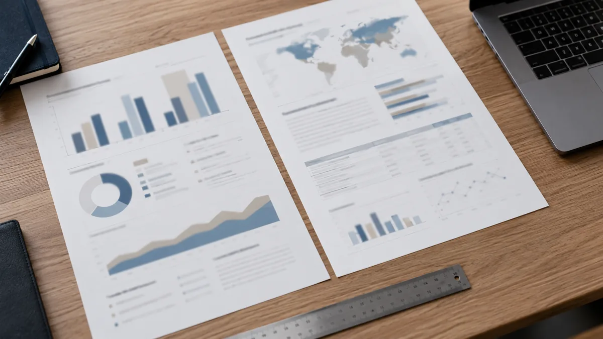 Comparaison de documents imprimés alignés sur une table à côté d’un ordinateur.