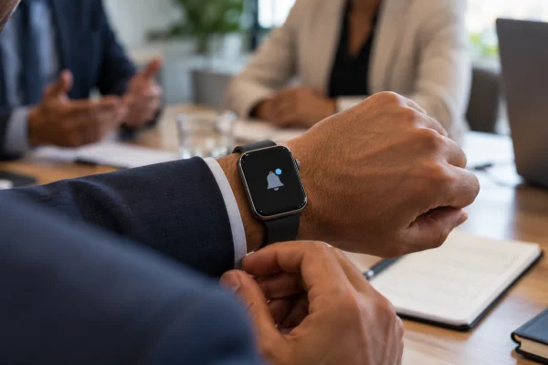 Illustration : Montre connectée au poignet pendant une réunion