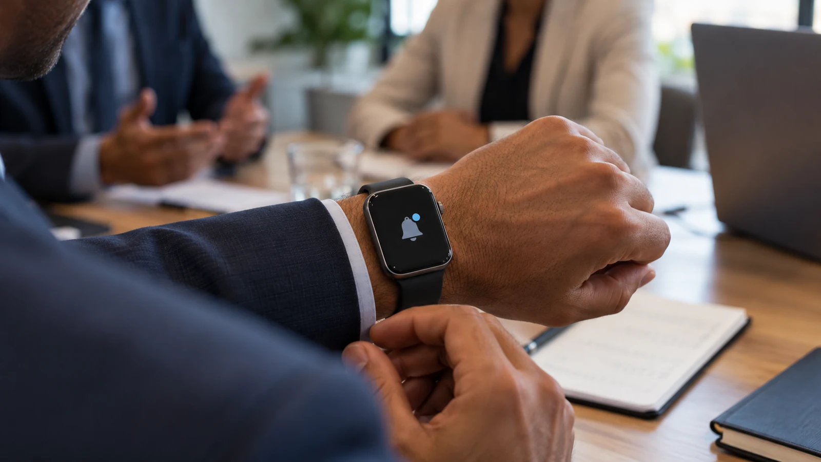 Illustration : Montre connectée au poignet pendant une réunion