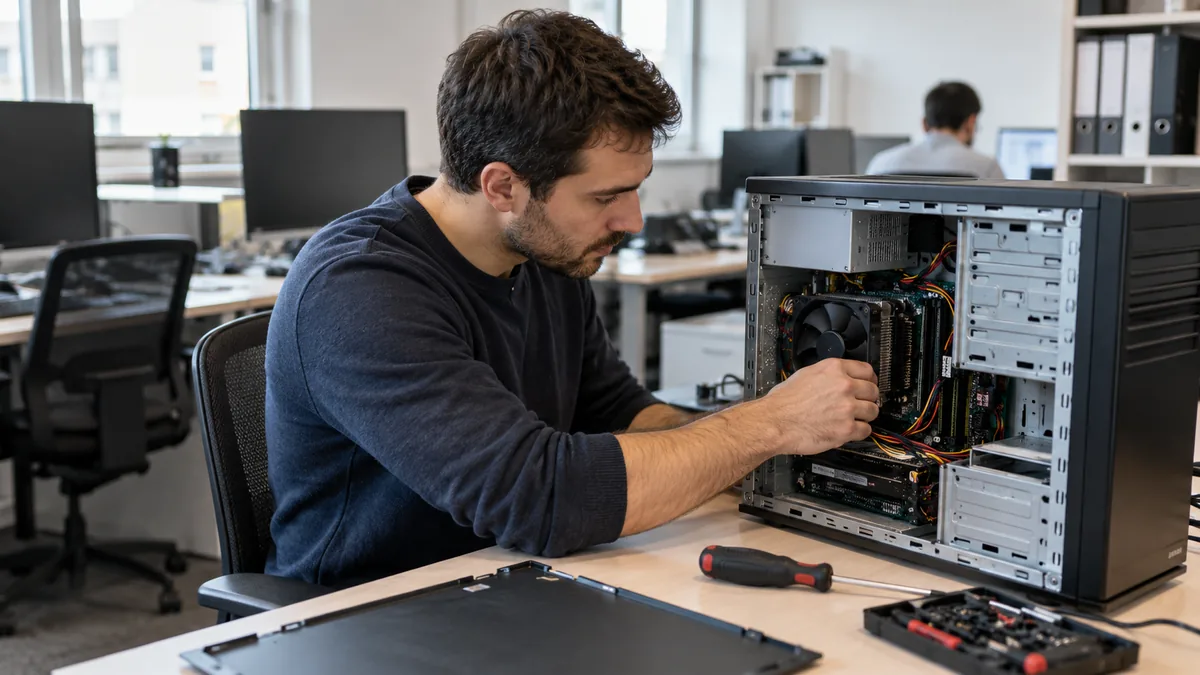 Technicien examinant un ordinateur de bureau dans un espace de travail.