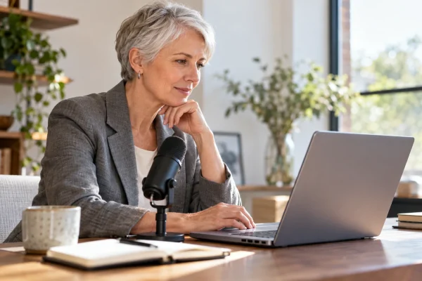 Illustration : Ordinateur portable et microphone en espace de travail