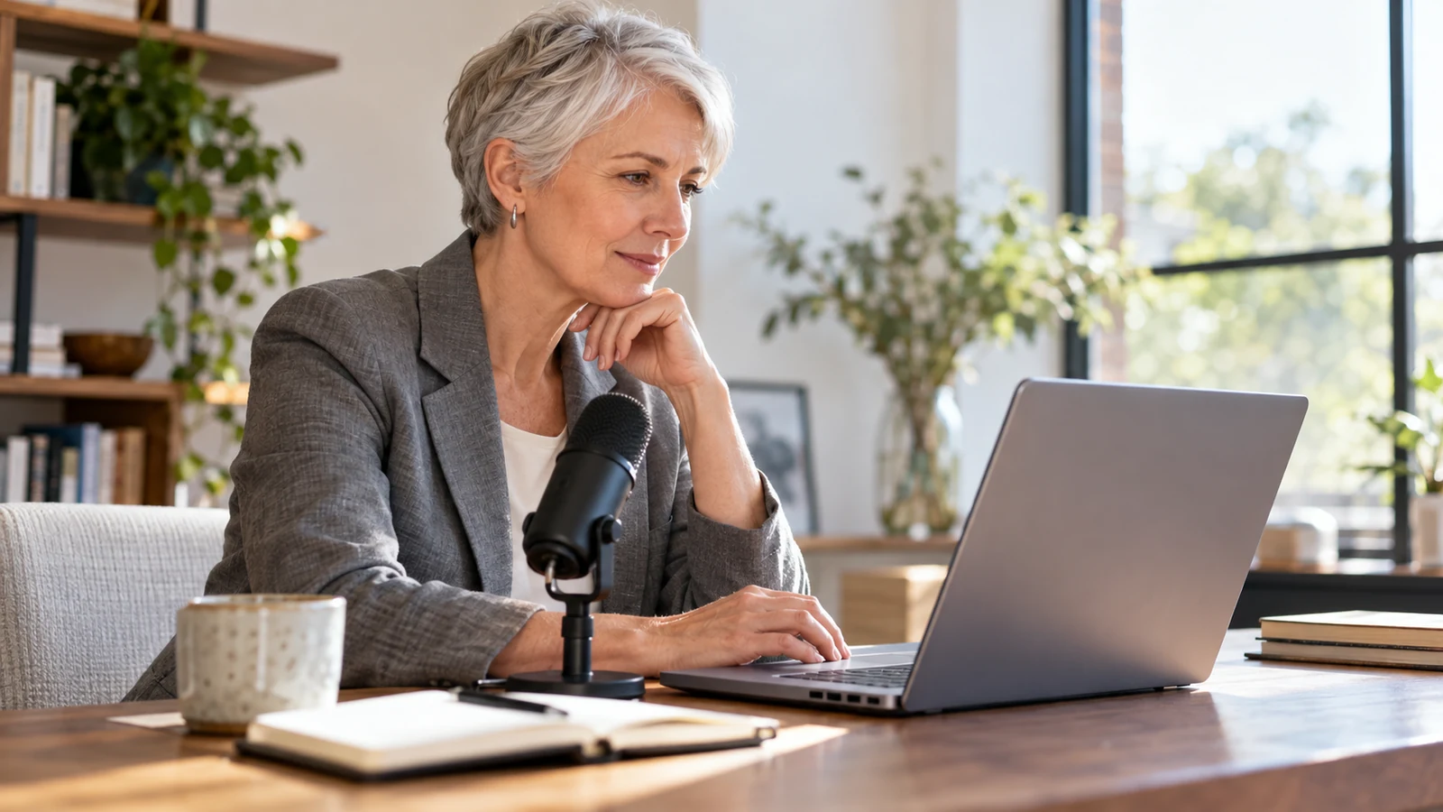 Illustration : Ordinateur portable et microphone en espace de travail