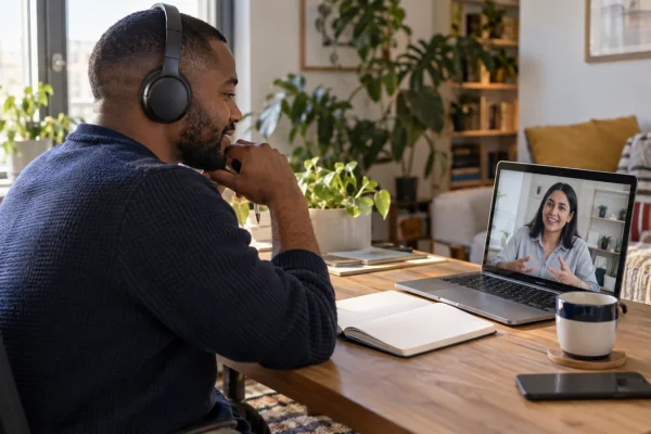 Illustration : Travail à distance avec un ordinateur et un casque
