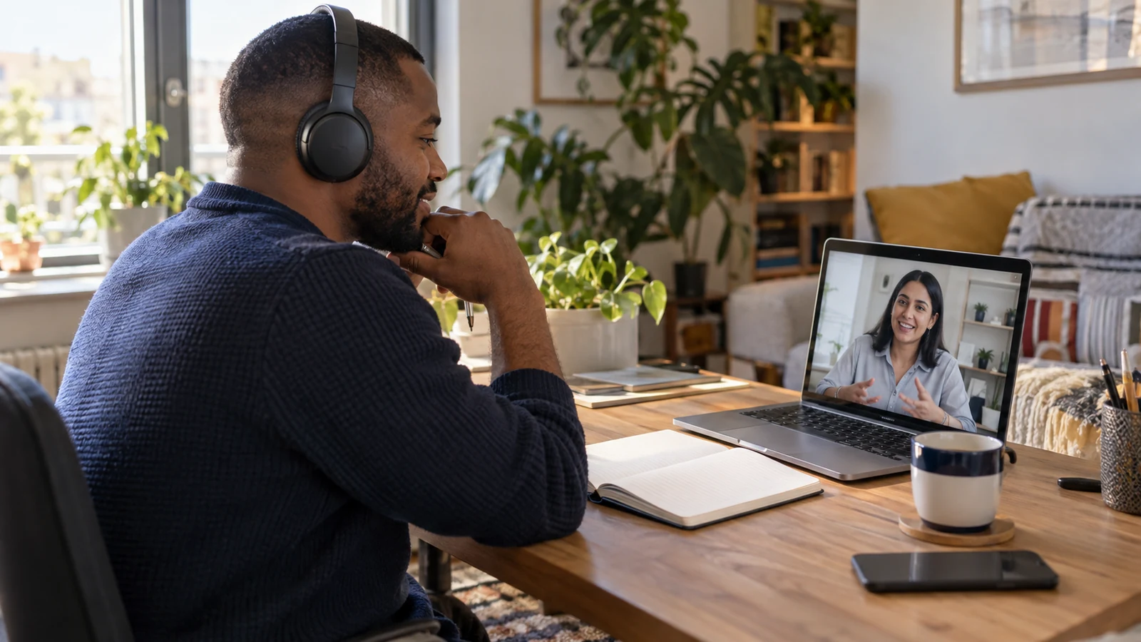 Illustration : Travail à distance avec un ordinateur et un casque
