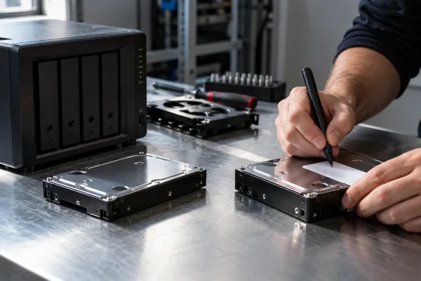 Boîtier de stockage réseau et disques de sauvegarde examinés sur un établi informatique.