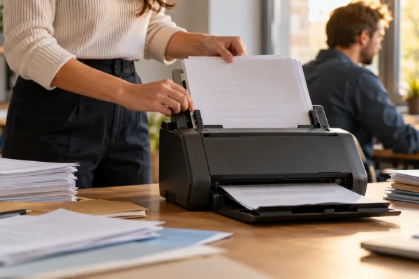 Illustration : Scanner de bureau avec un chargeur de documents