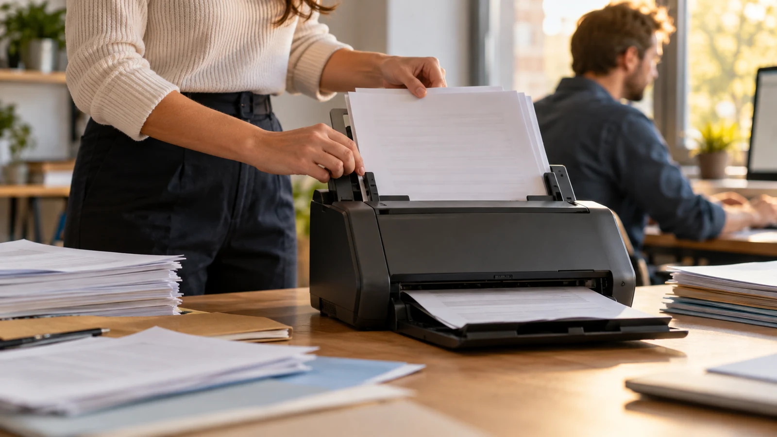 Illustration : Scanner de bureau avec un chargeur de documents