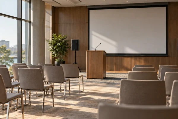 Illustration : Salle de présentation équipée de haut-parleurs et d’un écran