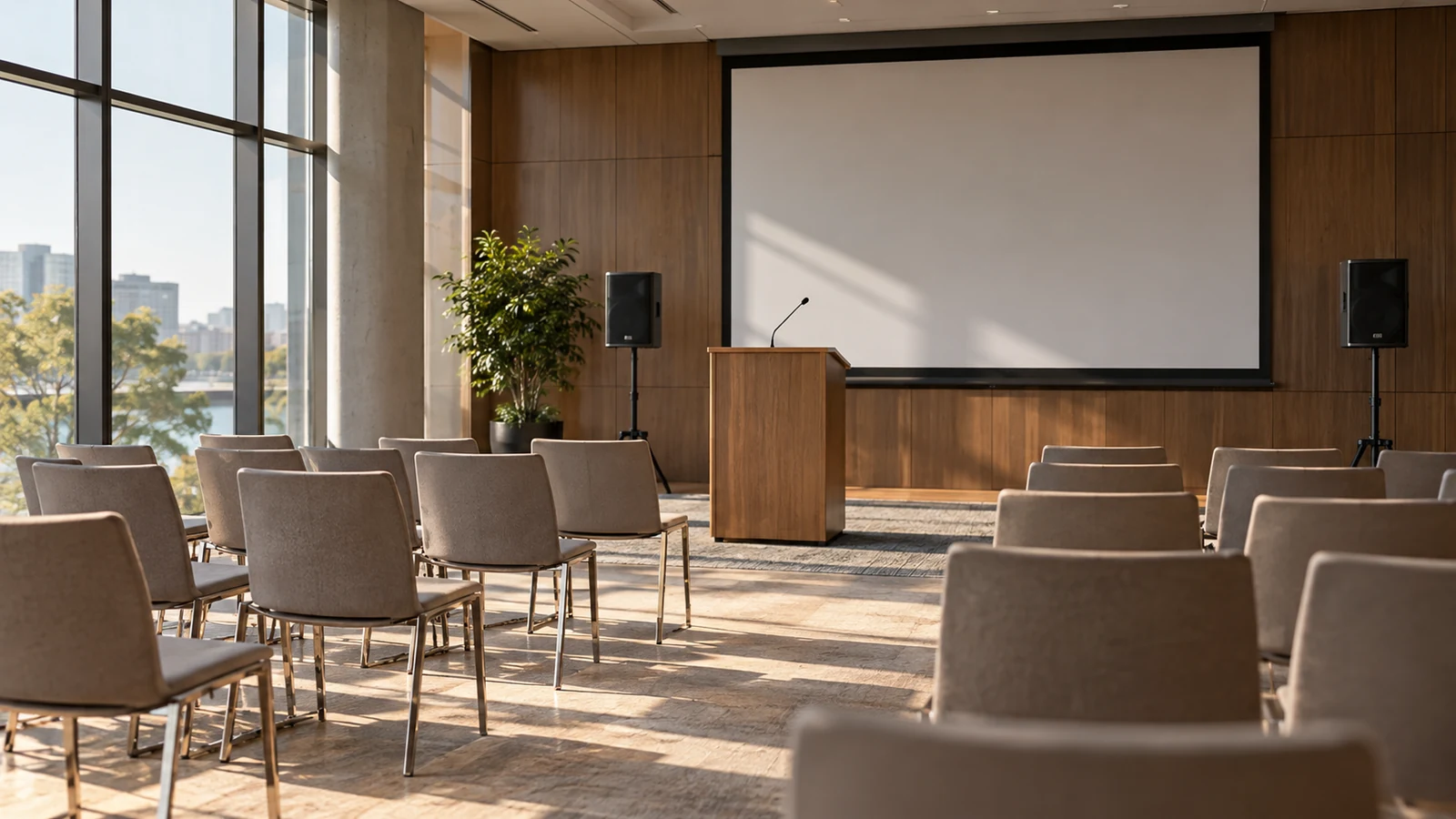 Illustration : Salle de présentation équipée de haut-parleurs et d’un écran