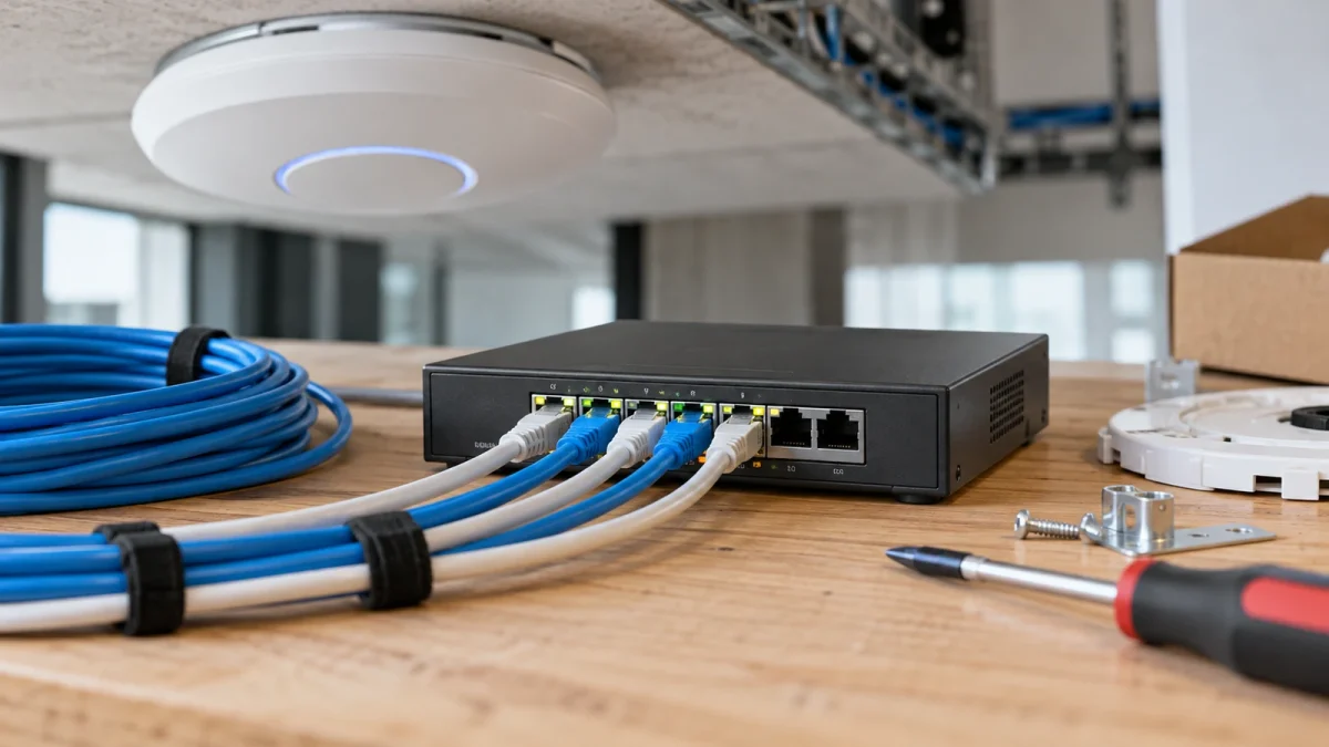 Illustration : Switch réseau, point d’accès et câbles Ethernet sur un établi