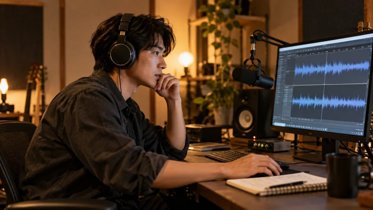 Illustration : Éditeur audio portant un casque dans un studio