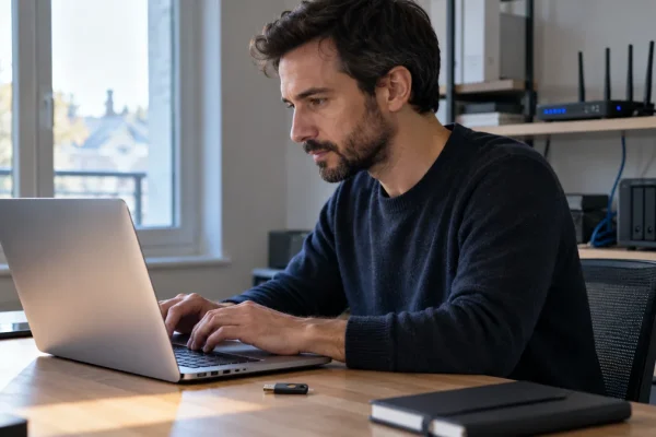 Travail à distance sur ordinateur portable avec une clé de sécurité et du matériel réseau.