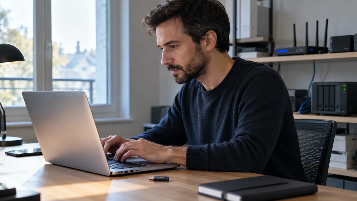 Travail à distance sur ordinateur portable avec une clé de sécurité et du matériel réseau.