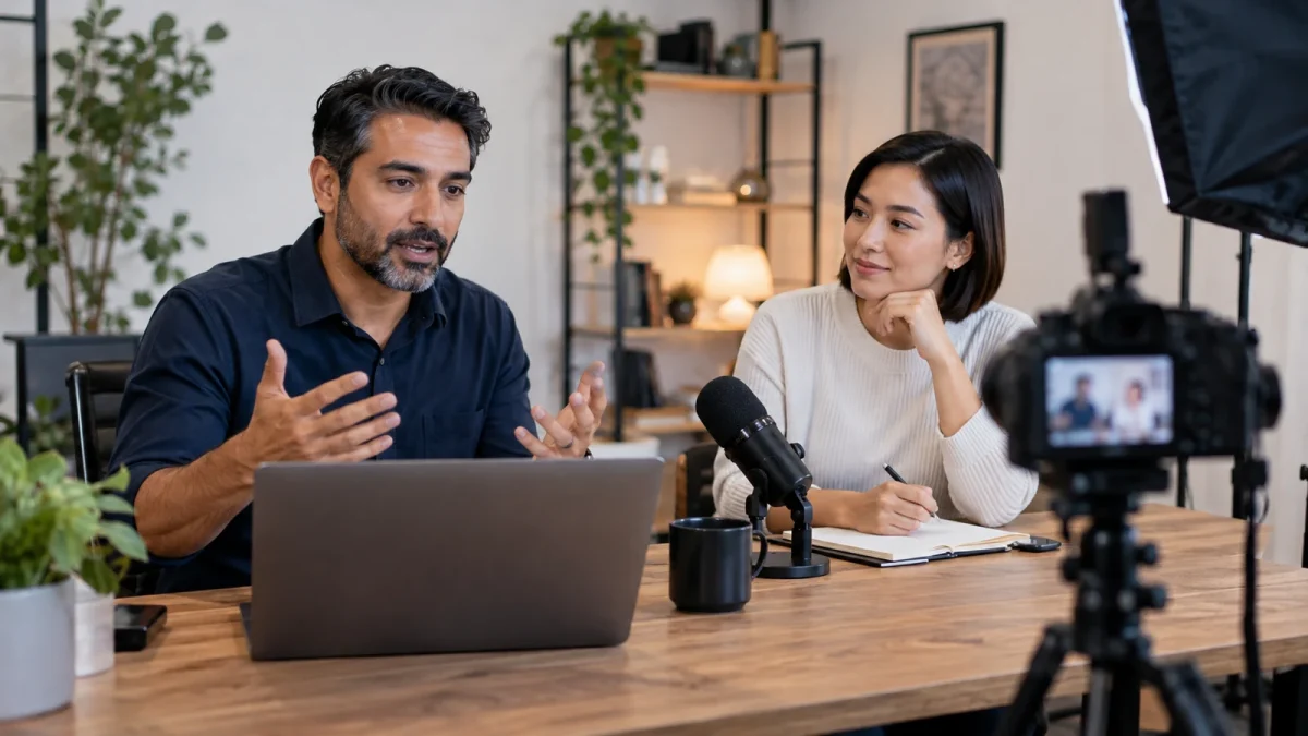Illustration : Présentation d’un produit devant une caméra et un microphone