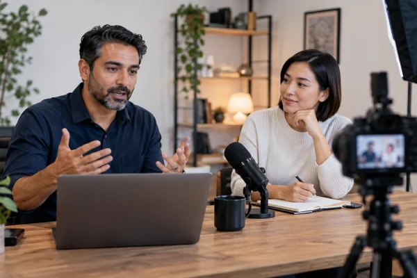 Illustration : Présentation d’un produit devant une caméra et un microphone